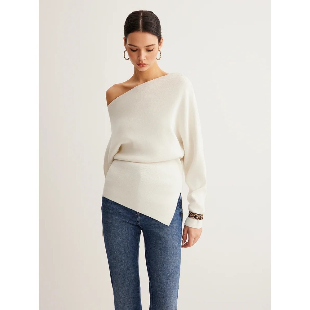 Commense Commense White Wool Blend Asymmetrical Neck Knit Top XL